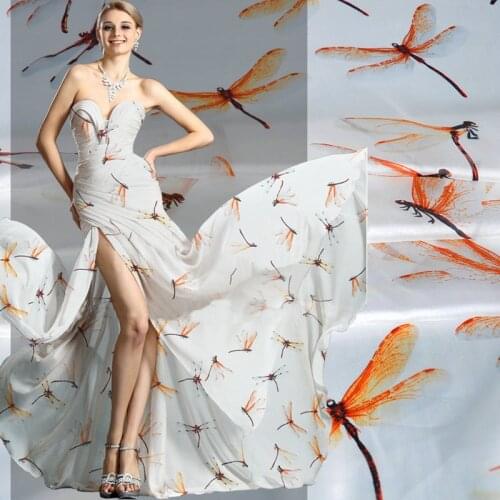 Digital Print dragonfly Pure Natural Mulberry Silk Chiffon fabric white tissus au metre Textile Sew Women Dress Scarf Fabric
