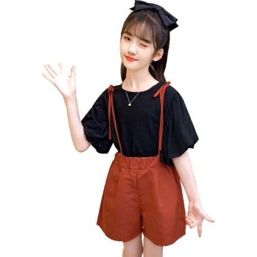 Kids Clothes Solid Tshirt + Jumpsuit Clothing For Girls Casual Style Clothes Girl Summer Costumes For Children 6 8 10 12 14