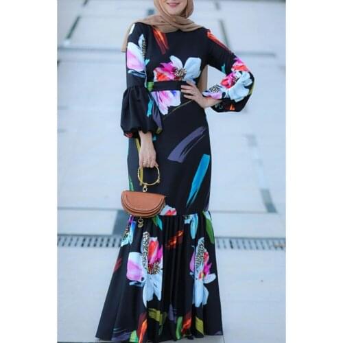Dubai Kaftan Vintage Floral Printed Long Dress Ramadan Islamic Clothing Arab Jilbab Turkish Abaya Ethnic Turkish Maxi Robe Gown