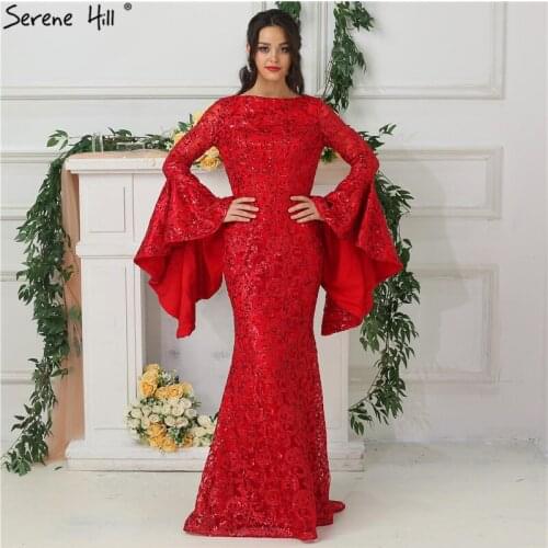 Dubai Latest Design Wine Red Mermaid Evening Dresses 2020 Sequined Luxury Sparkle Fashion Bride Toasting Gowns LA6640