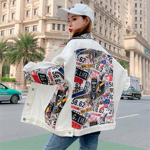 Spring Autumn Jeans Jacket Women Letter Print Fashion Pocket Lapel Long Sleeve Graffiti Loose Denim Coat Female Streetwear G1119