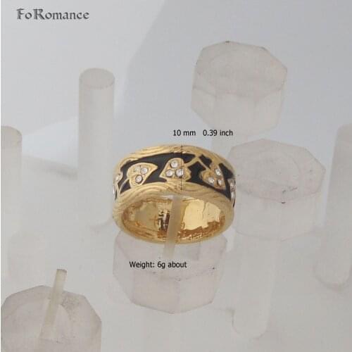 FoRomance / YELLOW GOLD OVERLAY GP VIVID LEAF LEAVES IN HEART SHAPE BLACK ENAMEL CZ STONE RING ROUND AVAILABLE SIZE 7 8 9 10 11