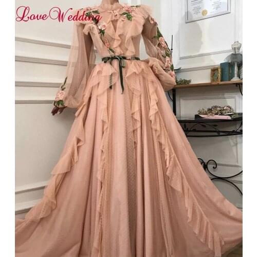 ILoveWedding Robe De Soiree High Neck Lace Applique Embroiery Custom made Ruffles Long Sleeves Pink A Line Evening Dresses
