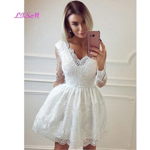 Long Sleeves Short White Lace Prom Dresses Mini Formal Homecoming Graduation Dress