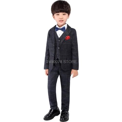 Flower Boys Formal Wedding Suit Kids England Style Blazer+Pants+Waistcoat+Tie 4Pcs Tuxedo Suit Kids Party Host Costume