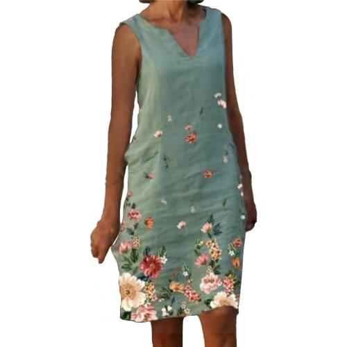 Summer Dress V-neck Fashion Women Linen Casual Cool Plus Size Floral Print Sleeveless Vest Dress Платье Женское Летнее