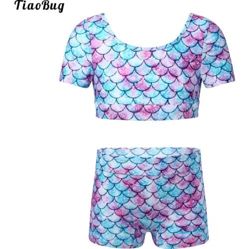 TiaoBug Summer 2Pcs Kid Girls Mermaid Fishscale Square Leopard Print Gym Yoga Sport Suit U Neck Short Sleeve Crop Top Shorts Set