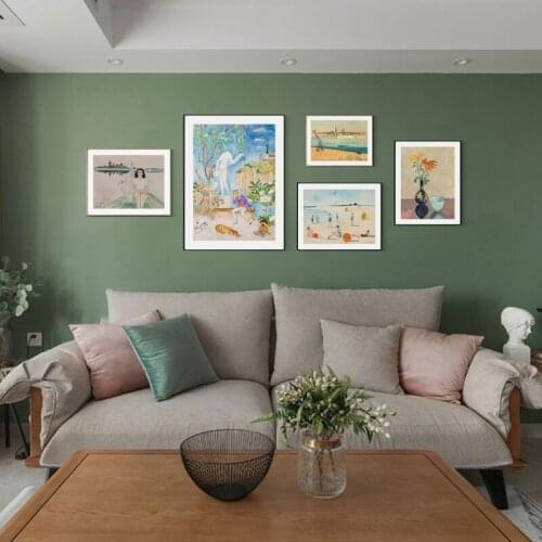 Summer Tropical Woman dog girls Flower Pictures Ocean Beach Posters Prints Scenery Wall Art Canvas Oil Painting style Home Decor