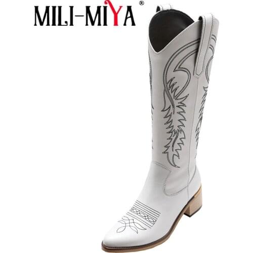 MILI-MIYA Classic Western Cowboy Women Knee High Boots Fashion Embroidered Pointy Toe Chunky Heel Slip On Handmade Shoes Black