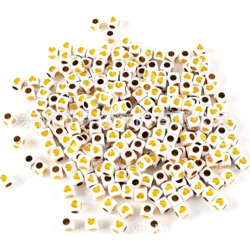 New Gold Color Acrylic Cube Heart Beads 6mm 7mm Plastic Square Big Hole Bracelet Spacer Beading Material Ornament Loose Beads