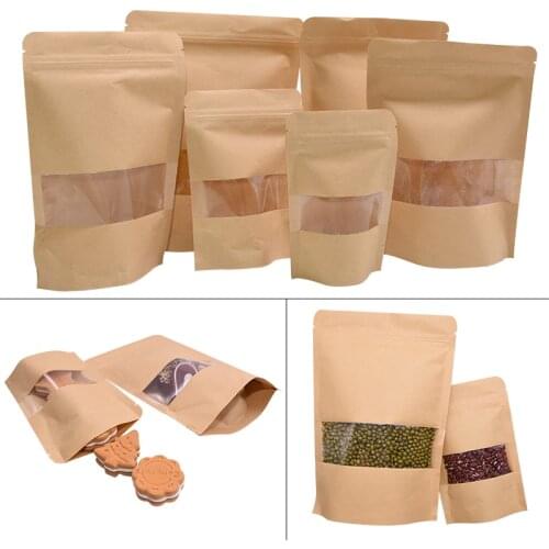 10pcs Stand Up Kraft Paper Zipper Bags Reusable Food Snack Storage Bags Home Kitchen Party Decoration Gift Packaging Supplies