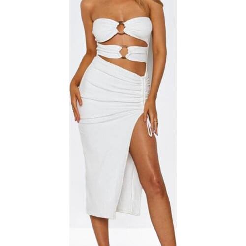 2021 Sexy Women Summer Dresses Solid Color Drawstring Ladies High Waist Split Low Cut Midi Dress