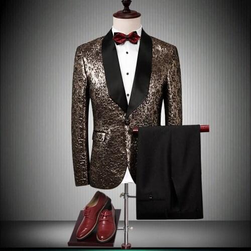 Luxury Men For Wedding Brand Black Shawl Collar Gold Tuxedo Jacket Designer Prom Suits Latest Coat Pant Designs 86680