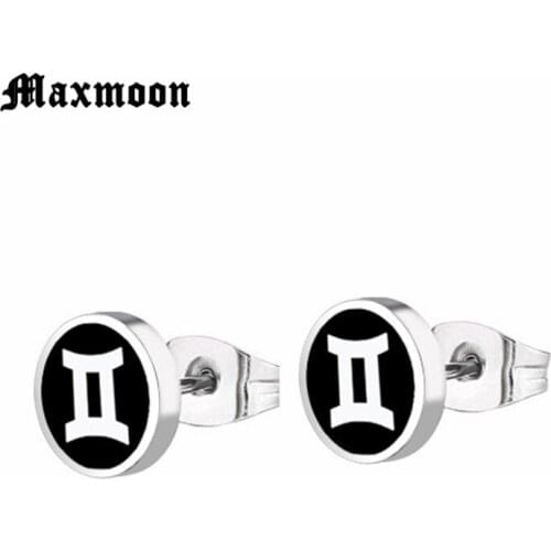 Maxmoon 1 Pair Gemini Zodiac Constellation Symbols Stainless Steel Ear Piercing Jewelry Stud Earrings Punk Style For Men Women