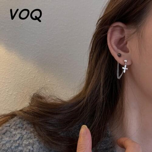VOQ 925 Silver Fashion Cross Pendant Asymmetric Pendant Earrings Punk Jewelry Cool Girl Girl Friendship Gift