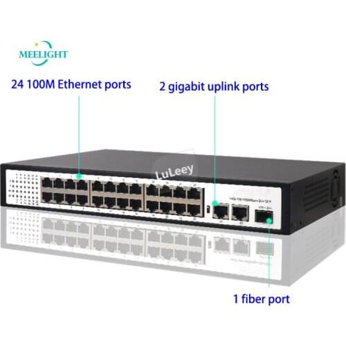 24 port 100M network POE switch, 2 gigabit uplink ports, 1 fiber port POE monitoring network