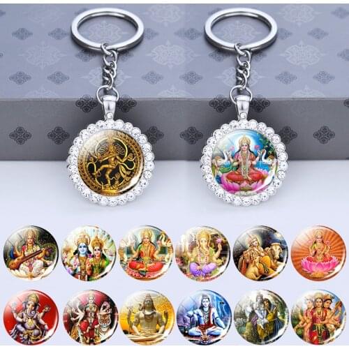 Shiva Nataraja Keychain Buddhist Jewelry Lakshmi Goddess Glass Cabochon Rhinestone Pendant Hinduism Amulet Keyring Gift