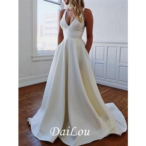 A-Line V-Neck Floor-Length Sleeveless Pockets Bowknot Country Evening Dress 2021