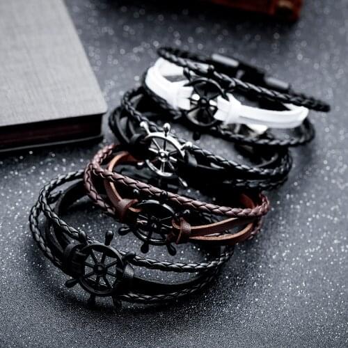 Vintage Woven Rudder Black Leather Charm Bracelet Mens Lovers Hope Rudder Wristband Womens Femme Homeme Fashion Jewelry Gift
