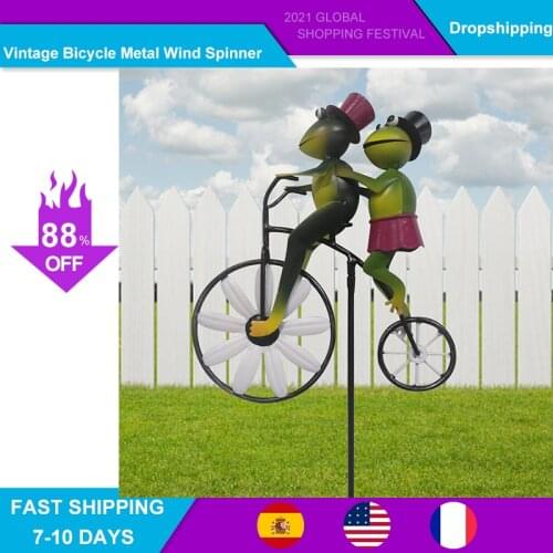 Vintage Bicycle Metal Wind Spinner Animal Frog Rabbit Bike Motorcycle Windmill Garden Landscape Flower Pot Decoration