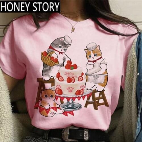 FIXSYS 90S Girls Short Sleeve Pink Tops Tee Summer Cute Funny Cat Graphic Printed Women T-shirt Ladies Harajuku Casual Tshirts