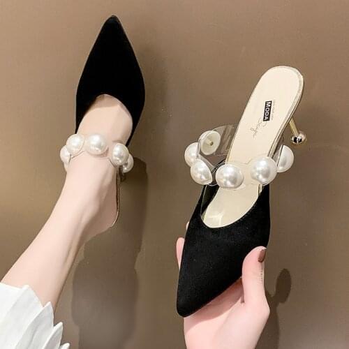 Black Apricot New Women Pointed Toe Slides New Summer Mules Sandals Sexy 2021 High Heel Ladies Shoes Zapatillas Mujer Casa 34-39