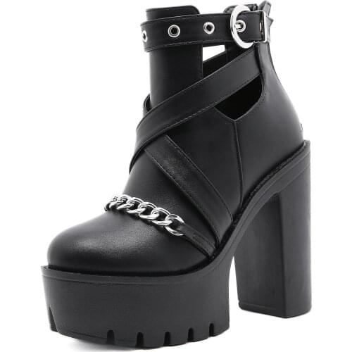 35-42 Spring Autumn Fashion Ankle Boots For Women High Heels Casual Cut-outs Buckle Round Toe Chain Thick Heels Platform Shoes