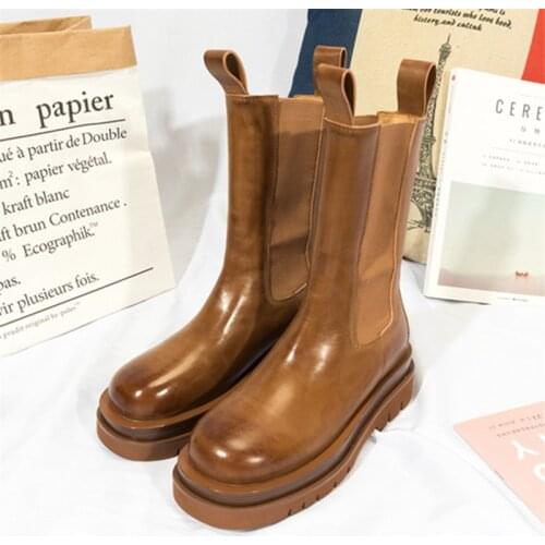 Retro Women Chelsea Boots Thick Sole Platform Ankle Boots Brown Genuine Leather Botas Mujer Ladies Autumn Flat Boot