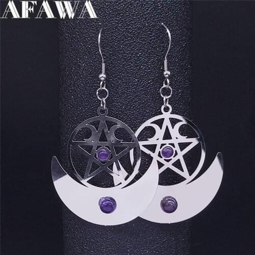 Witchcraft Pentagram Moon Natural Purple Crystal Stainless Steel Women AFAWA Silver Color Drop Earrings Jewelry bijoux EXS02