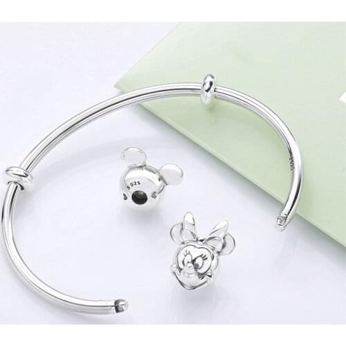Bewill Free Shipping Real 925 Sterling Silver Shiny Open-ended Mickey Bracelet Fit European Charm Bracelets Women Jewelry