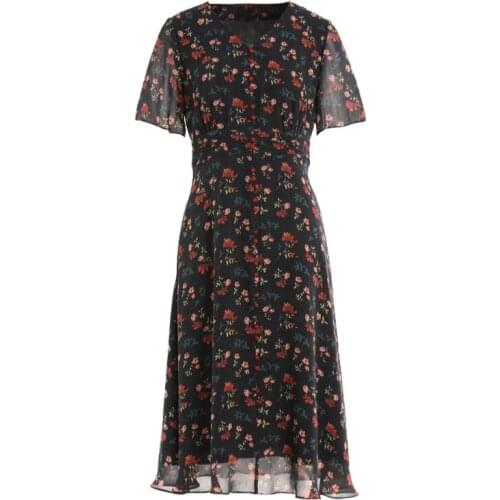 Gowani flower printed silk covered button short sleeve fit & flare dress