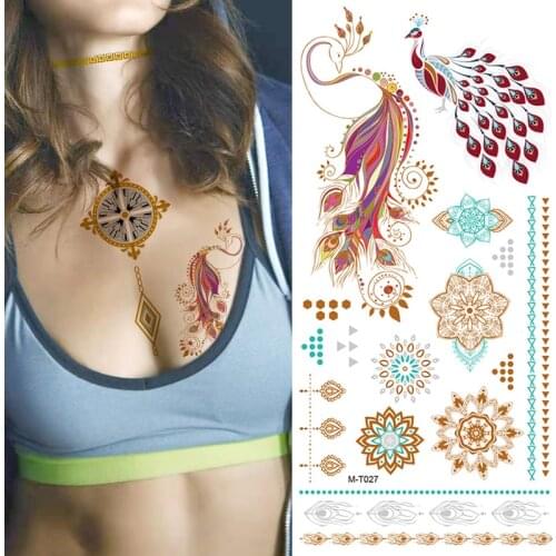 Chains Gold Metallic Temporary Tattoo Waterproof Women Hands Art Lace Henna Flower Flash Tattoo Stickers Necklace Sticker Gold