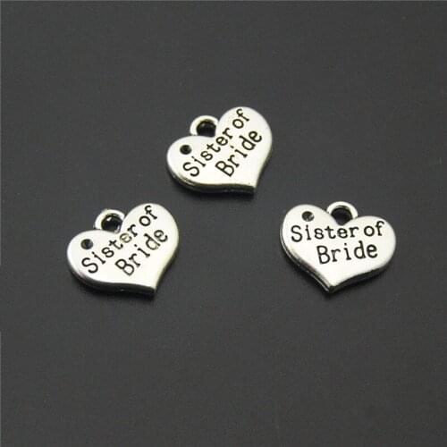 10PCS Silver Color Heart With Sister Of Bride Pendant For Jewelry Making DIY Handmade Craft 14x16mm A2191