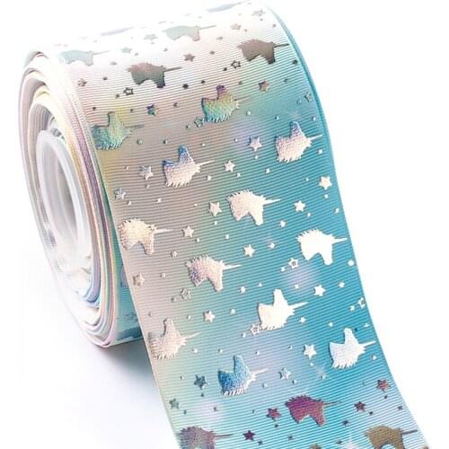 2 Yards 75mm Laser Silver Foil Heat Transfer Printed Gradient Grosgrain Ribbon for DIY Accessory Headwear Material
