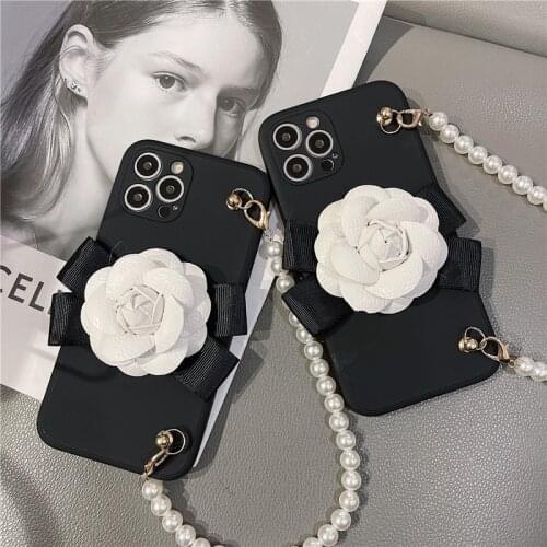 3D Camellia Flower Pearl Bracelet Hand Chain Liquid Case Cover For Samsung Galaxy M51 M31S A12/32/42/52/72/22/82 5G A02S A02 M02
