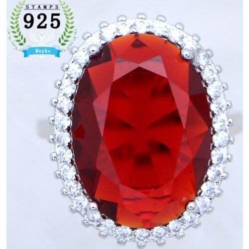 925 Sterling Silver Ring Oval Red Ruby Cubic Zirconia Large Main Stone White Crystal Ring for Women Free Gift Box Size 5.5 To 10