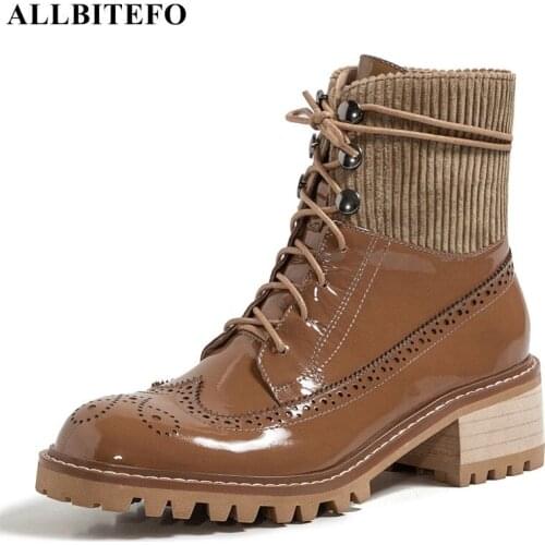 ALLBITEFO new arrive genuine leather square toe thick heels women boots women high heel shoes ankle boots for women girls shoes