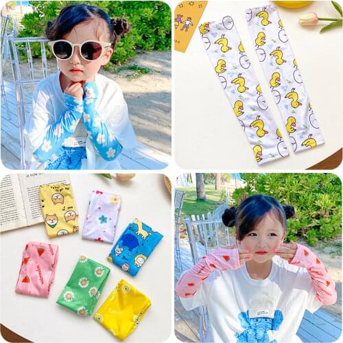 Baby Children Summer UV Protection Boy Girls Outdoor Arm Sleeves Cartoon Floral Sunscreen Cooling Ice Silk Sleeveless Gloves