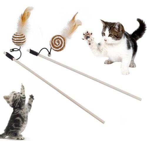 Pet Cat Teaser Feather Sisal Ball Stick Rod Bite-resistant Interactive Play Toy