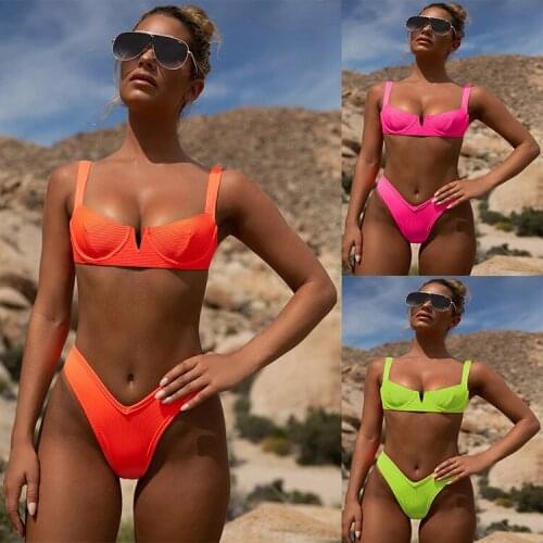 Fluorescence Green Biquini Two Piece Swimsuit Women New Solid Underwire Sexy Bikini Set Swimwear Female Swimming Suit Beach Wear