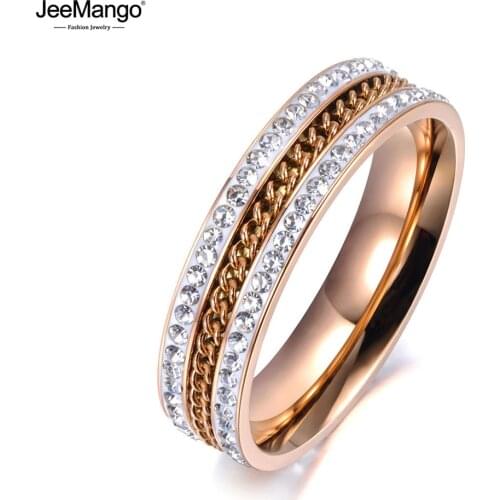 JeeMango Rose Gold Micro Pave Rhinestone Anniversary Rings Jewelry 316L Stainless Steel Chain Engagement Ring For Women JR19004