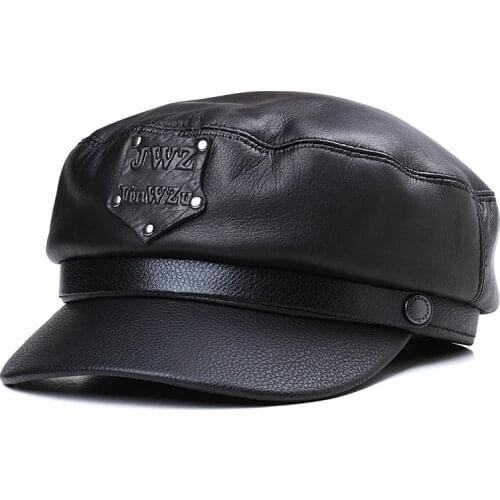 Leather Short Hooded Navy Cap Autumn And Winter Mens Sheepskin Thin Casual Flat Top Leather Cap Asian Size Warm Russian Men