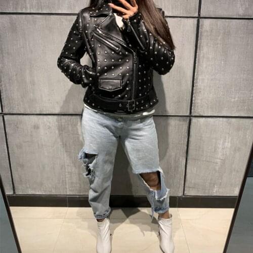 Leather women real rivet jacket