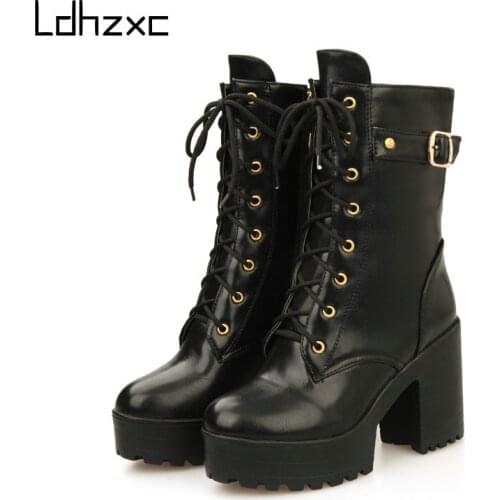 LDHZXC Hot Sale Autumn Mid-calf Boots Women Fashion Square High Heel Platform Woman PU Leather Shoes Large Size 43