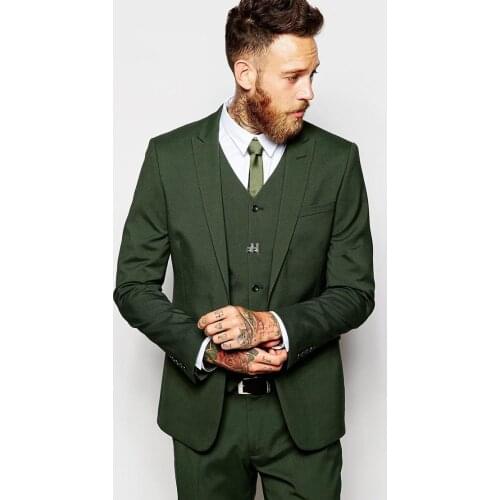 2019 High Quality Groomsmen Peak Lapel Groom Tuxedos Dark Green Men Suit Wedding Prom Best Man Blazer (Jacket+ Vest+ Pants+ Tie)