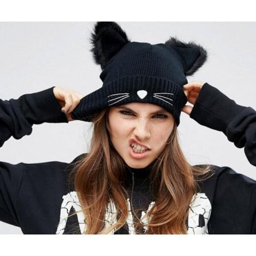 2020 New Hot Sale Cat Ears Women Hat Knitted Acrylic Warm Winter Beanie Caps Crochet Fur Womens Birthday Gifts Winter Gift