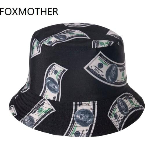 FOXMOTHER New Punk Outdoor Casquette Black Dollar Pattern Bucket Hats Fisherman Cap Mens Hip Hop Gorras