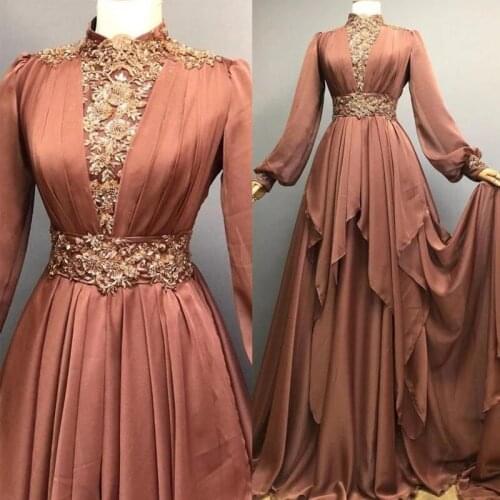Eightale Arabic Evening Dresses High Neck Appliques Pleat A-Line Long Sleeve Chiffon Long Formal Prom Gown Celebrity Party Dress