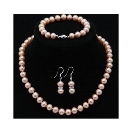 Genuine A++ Cultured Freshwater 7-8mm ROUND pink Pearl Necklace set 18"