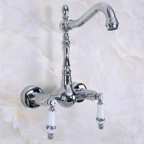 Polished Chrome Wall Mounted Kitchen Bathroom Sink Basin Faucet Dual Handle Swivel Spout Hot&Cold Water Tap Lnf958